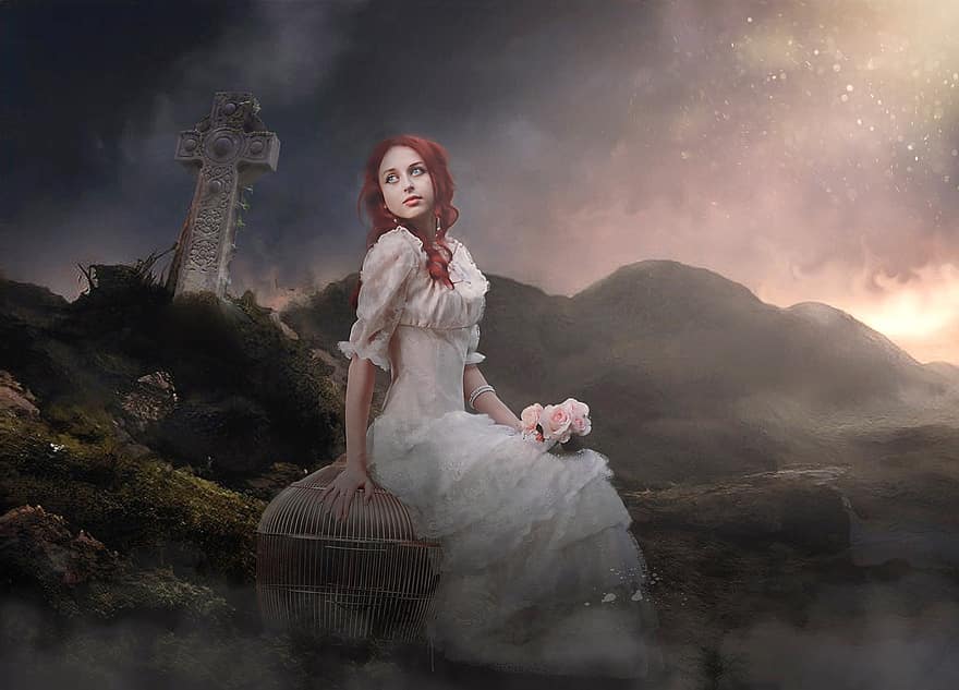 femme, cage, fantaisie, pierre tombale, gothique, fille, beauté, cheveux roux, robe, robe blanche, fleurs