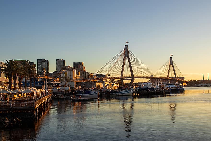 pont, port, ville, Anzac, Sydney, le coucher du soleil, Port, bateaux, réflexion, eau, baie