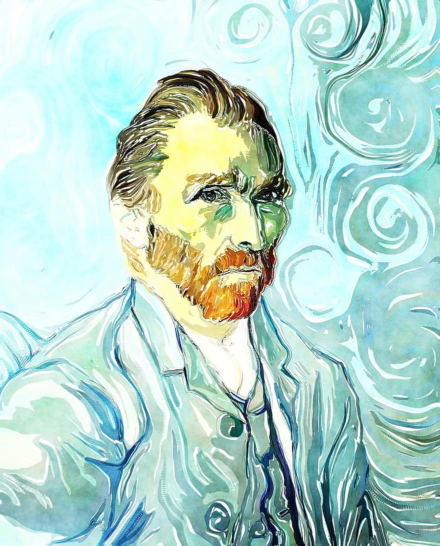 vízfestmény, Művészet, festés, tinta, folt, keverék, texturált, portré, vincent, Van Gogh, férfi