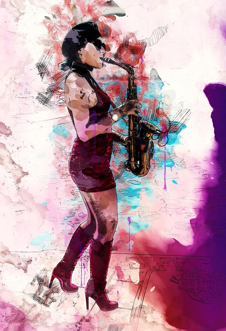 žena, saxofon, hudba, nástroj, dívka, krása, dechové nástroje, militární, boty, vysoké podpatky, umění