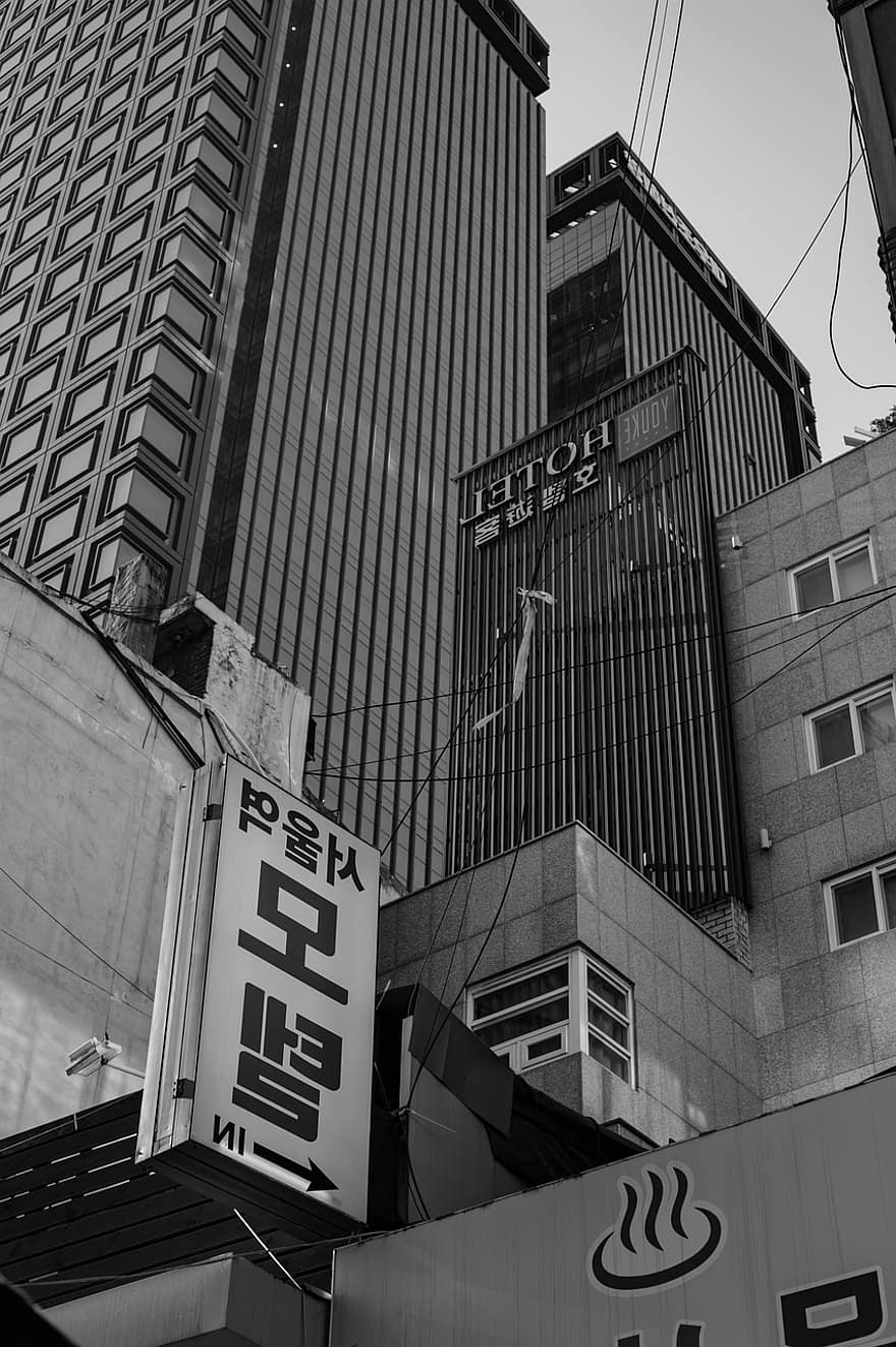 cidade, Seul, prédios, urbano, centro da cidade, monocromático, viagem, turismo, namdaemun, placa, arranha-céu