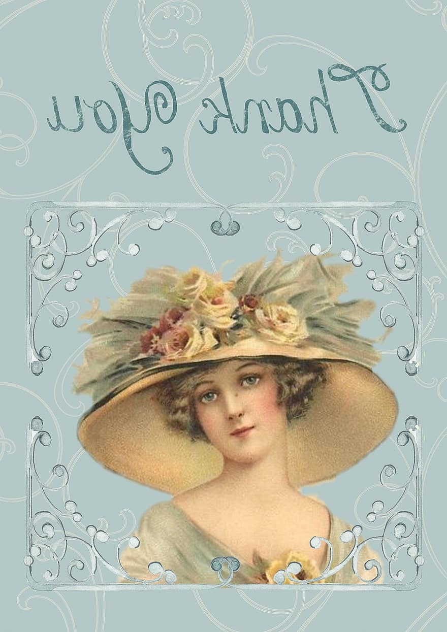 поздравительная открытка, марочный, викторианский, благодарю вас, цветок, леди, шапка, маскарадный, приветствие, карта, праздник