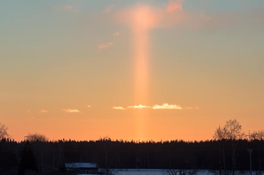 Fenomén Halo, svatozář, západ slunce, večer, světelný jev, Finsko, Laponsko, slunce, soumrak, slunečního světla, krajina