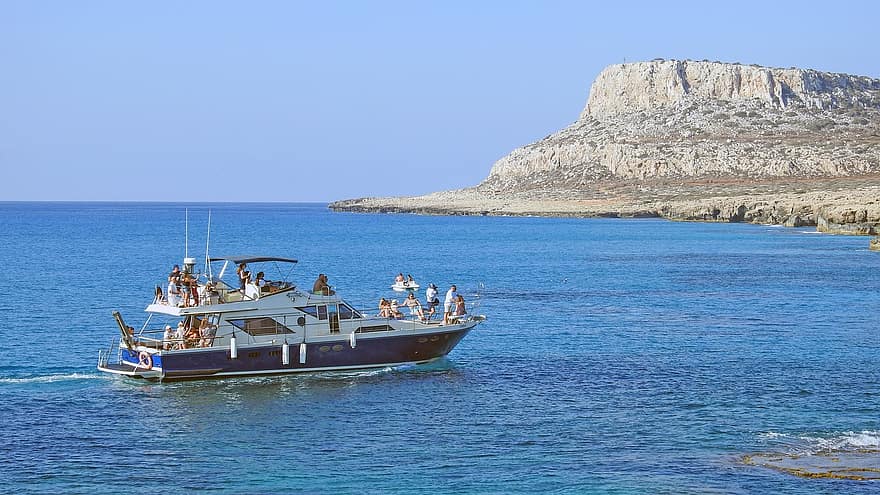 viaje, bote, enviar, costa, Chipre, cavo greko, mar, agua, barco náutico, vacaciones, verano