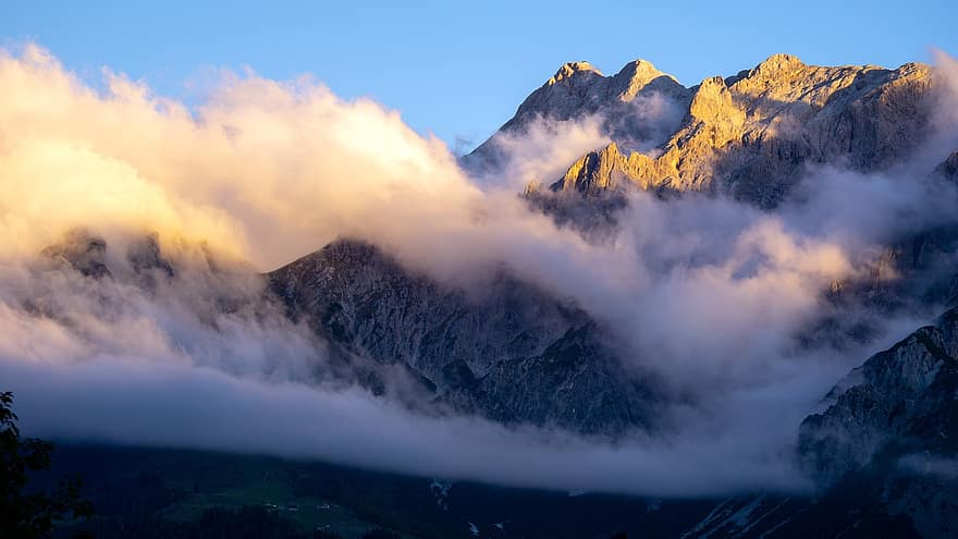 kalni, virsotne, mākoņi, hochkönig, Austrijā, saulrieta, augstākā līmeņa sanāksmē, migla, ainavu, raksturs