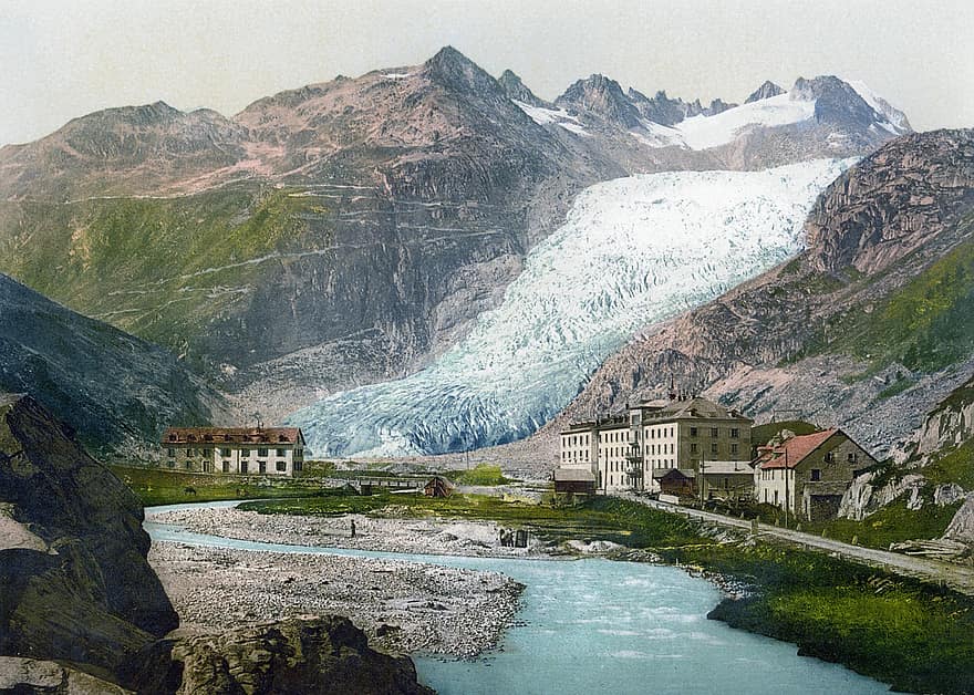 rhône glaciären, glaciär, 19-talet, klimatförändring, Global uppvärmning, Istunga, is, glaciär tunga, turist attraktion, Rutten glaciär, Valley Glacier