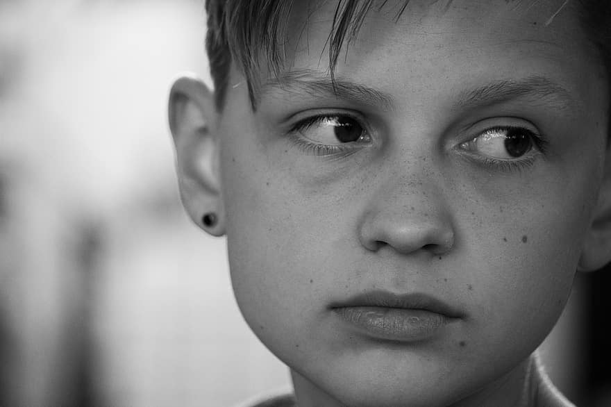 Portrait, Human, A, Adult, Child, Facial Expression, Face, Boy, Black And White, Head, View