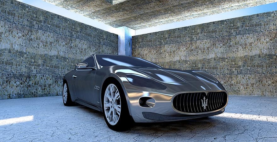 Maserati, Maserati Gt, yksivärinen, hopea, auto, muoto, metallinen, lounas, varjo, sali, betoniseinä