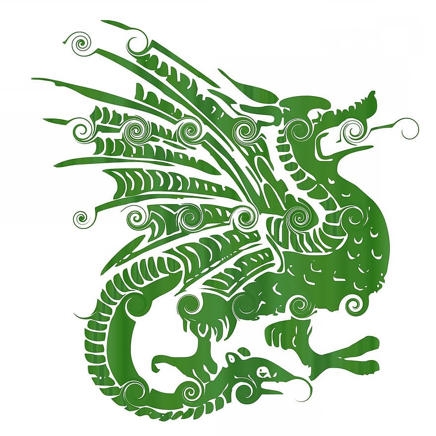 градієнт, дракон, лист, зелений, кучерявий, татуювання, білий, фон
