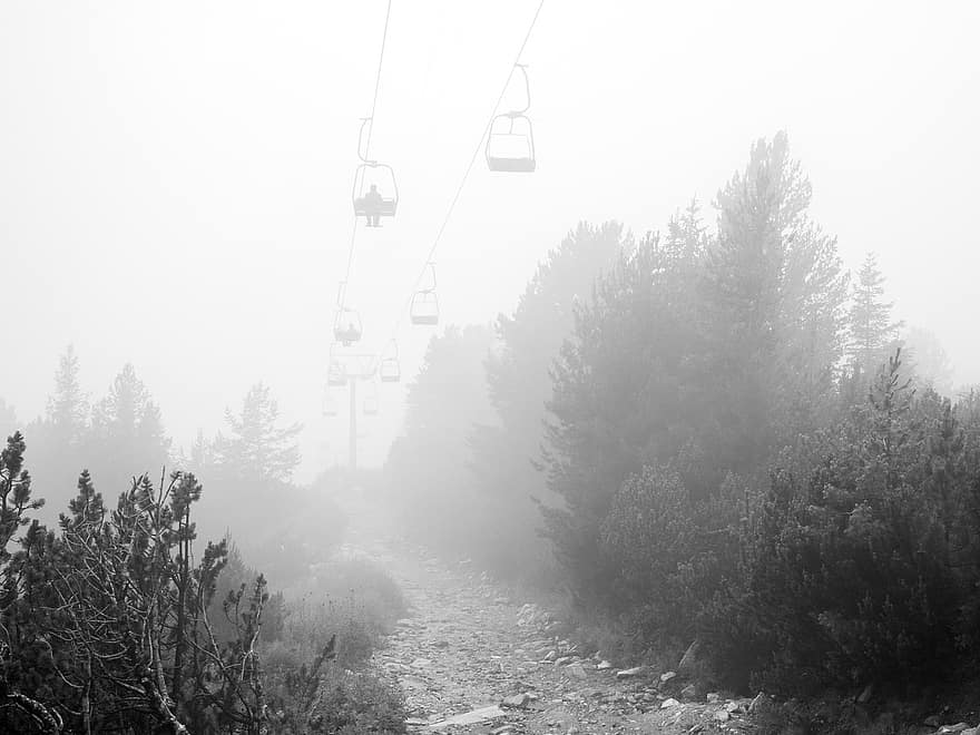 thang máy trượt tuyết, vận chuyển, sương mù, du lịch, thang máy, cáp treo, đơn sắc, cây, phong cảnh, rila, bulgaria