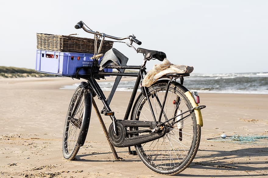 bicicleta, platja, mar, vora del mar, Costa, línia de costa, cistella, naturalesa, aigua, pesca de platja