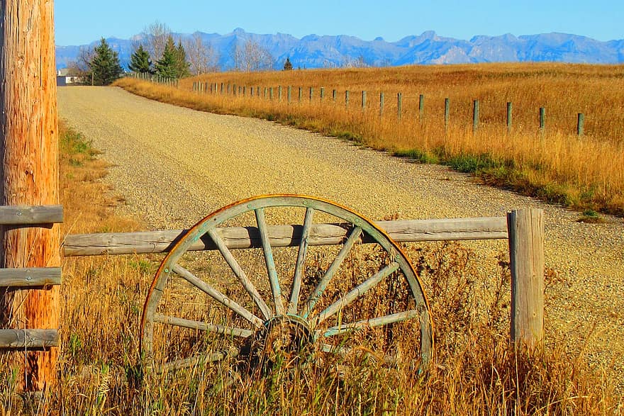 ranch, strada, rurale, campagna, occidentale, Alberta