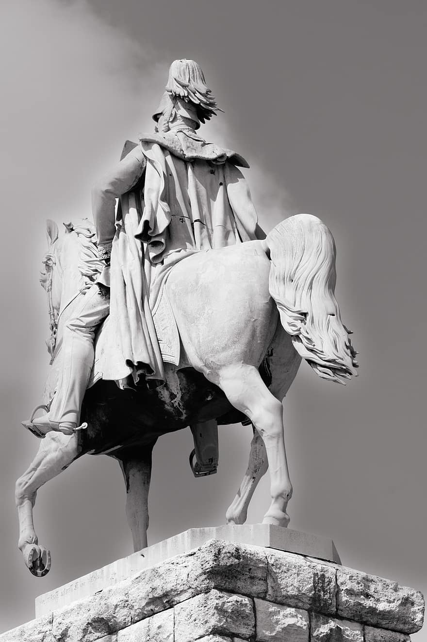 Ķelne, statuja, skulptūra, orientieris, zirgs, melns un balts, vīriešiem, arhitektūra, kultūras, reliģiju, kustību