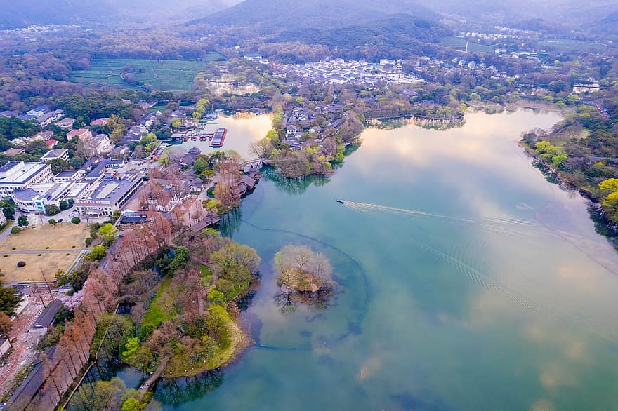 Hangzhou, западно езеро, езеро, град, вода, размисъл, природа, пейзаж, изглед от въздуха, висок ъгъл, пътуване