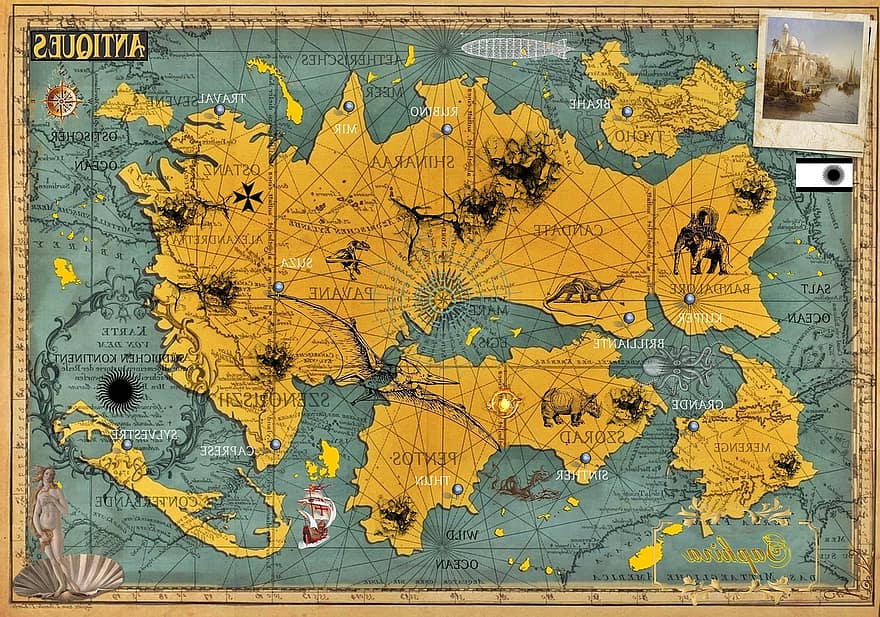 carte, fantaisie, science fiction, continents, animaux, mer, faune