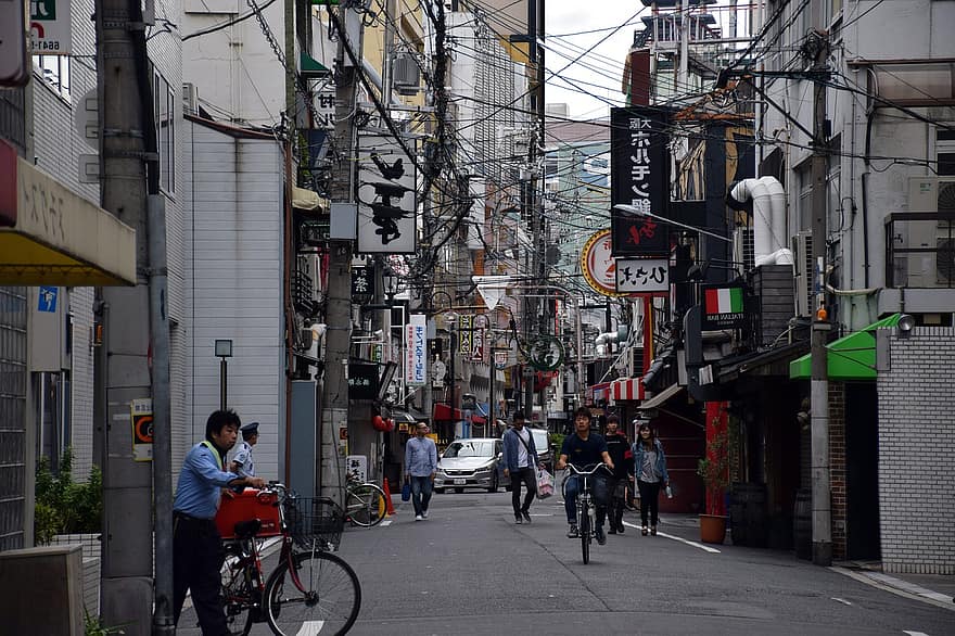 Japonia, miasto, podróżować, turystyka, życie w mieście, mężczyźni, rower, architektura, na zewnątrz budynku, pejzaż miejski, zbudowana struktura