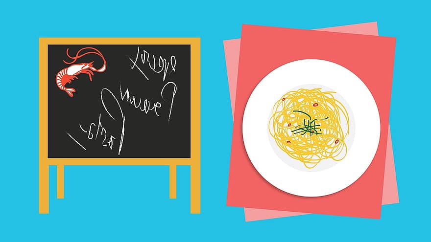 pasta, Garnalen Pasta, voedsel, plat ontwerp, garnaal, zeevruchten, saus, diner, schotel, vers, gezond