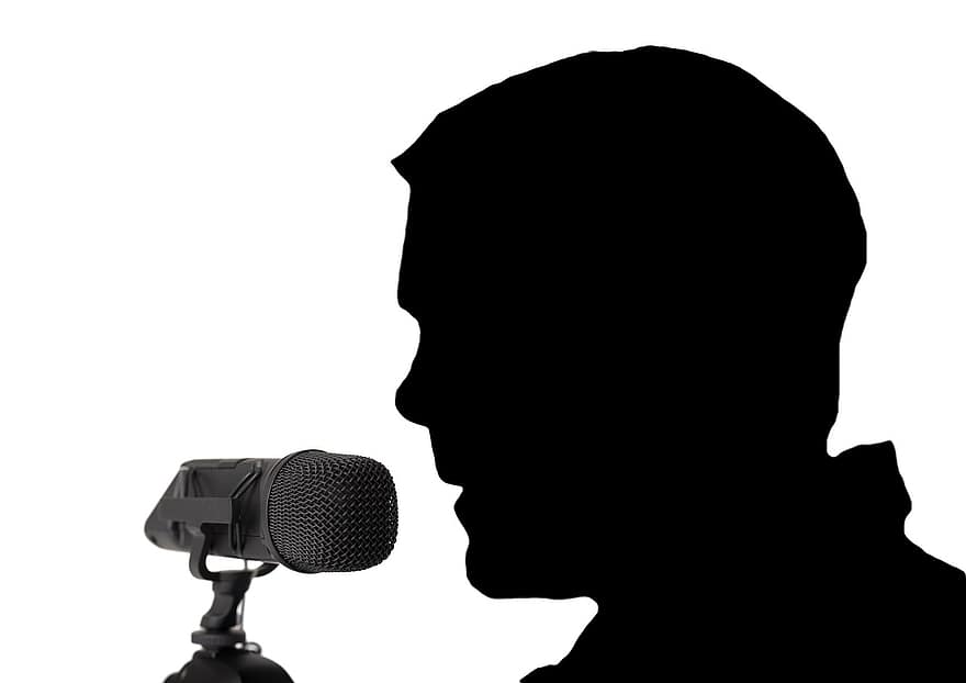 muž, tvář, silueta, mikrofon, mluvit, oznámení, sdělení, informace