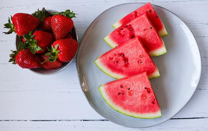 vandmelon, jordbær, mad, frugt, sund og rask, sommer, sød, frisk, vegetarisk, vitaminer