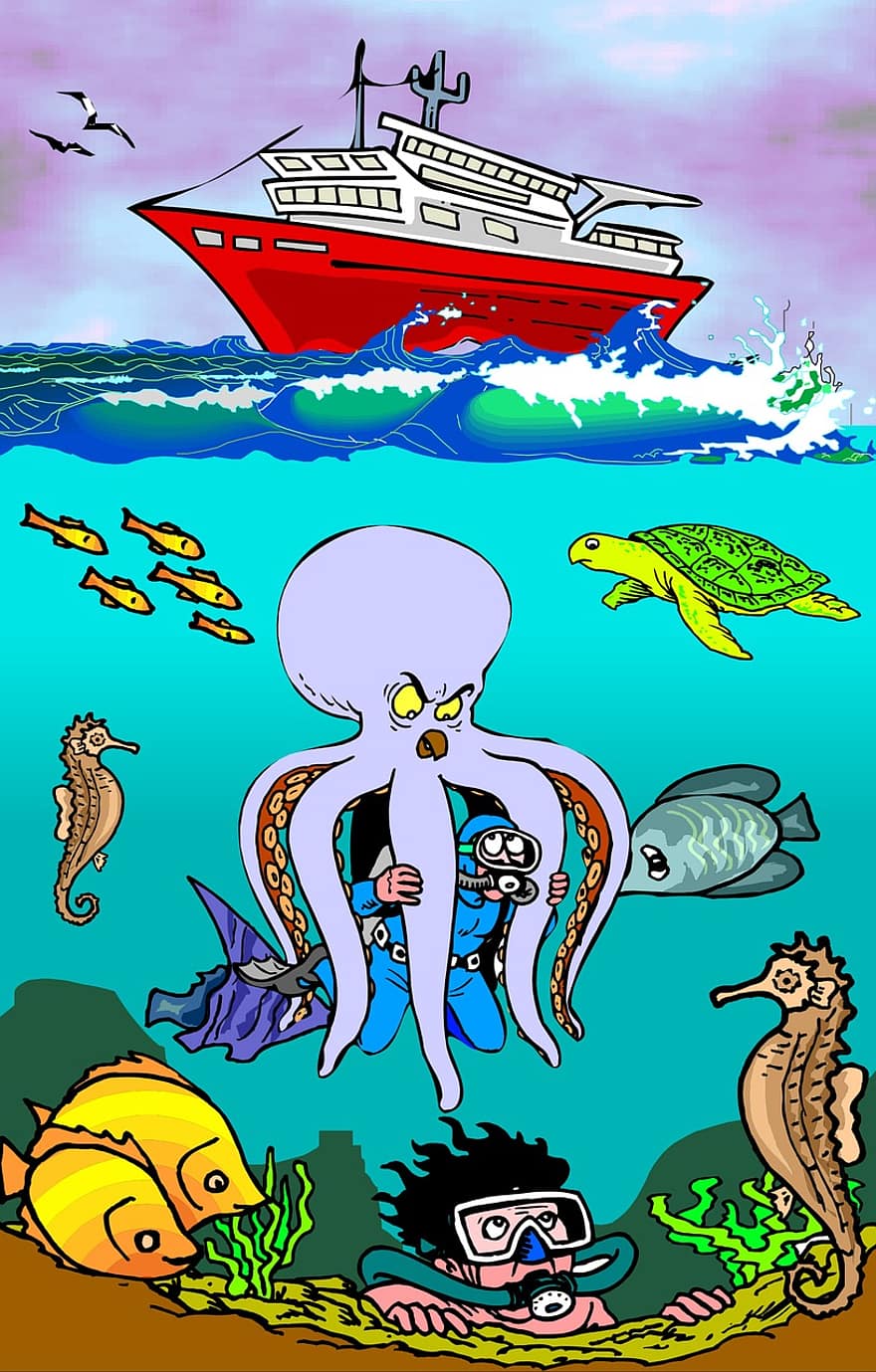 nirēji, slēpšanās, astoņkāji, jūras bruņurupucis, jūra, kuģi, zivis, okeāns, niršana, bērni, plakāts