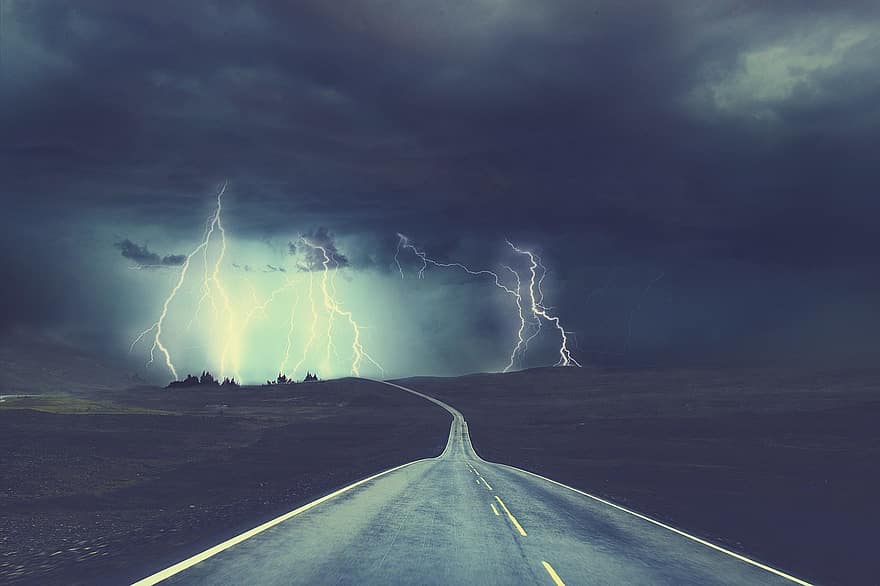 道路、電光、嵐、サンダー、雷雨、暴風雨、アスファルト、車道、ドライブ、ルート、方法