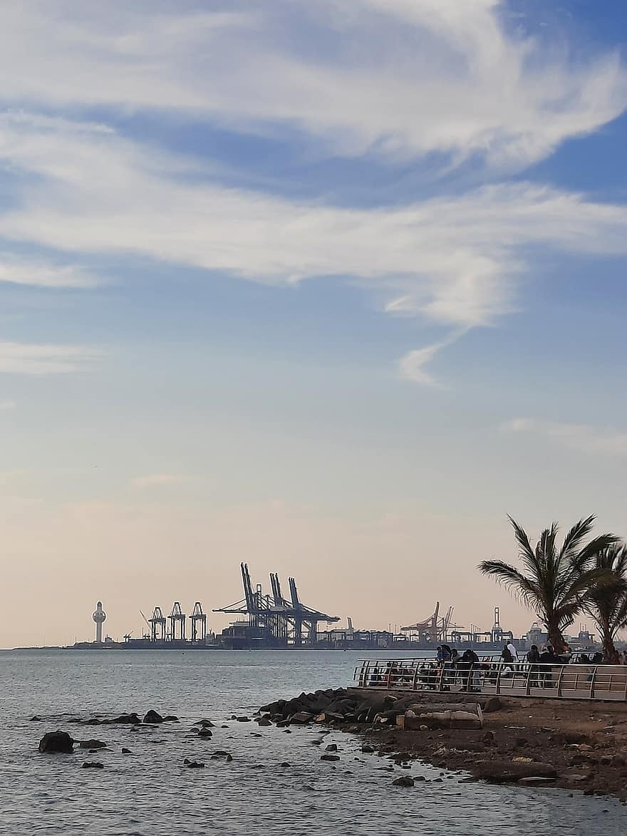Jeddah Corniche, laut, pantai, matahari terbenam, alam, di luar rumah, air, angkutan, pengiriman, biru, kapal laut