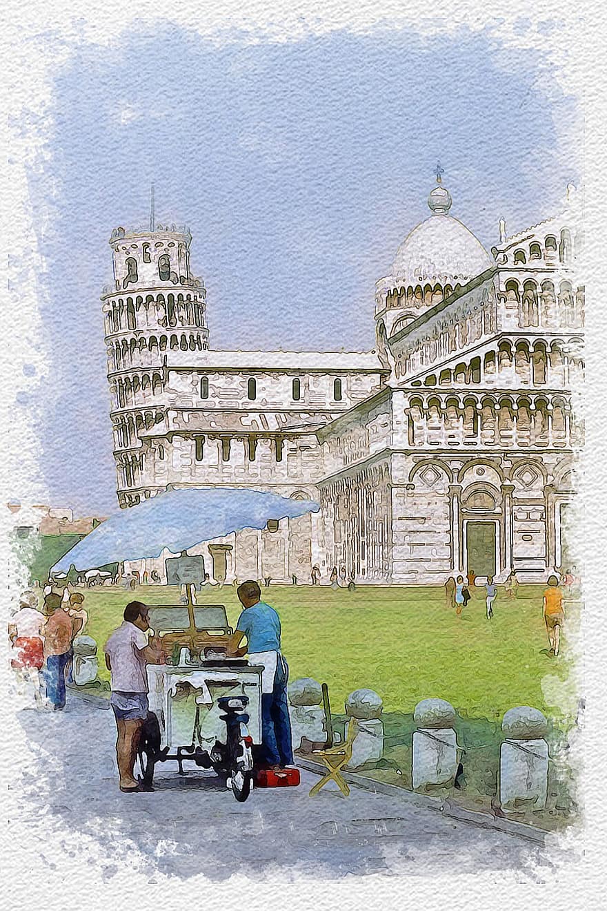 pisa, Toscana, Italia, lutende tårn, landemerke, maleri, vannfarge, tur, turistattraksjon, piazza dei miracoli, landskap