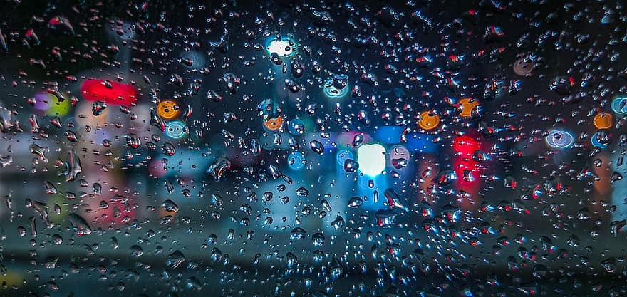 夜、雨、窓、雨滴、液滴、抽象、テクスチャ、マクロ、クリエイティブな、ダーク、イブニング