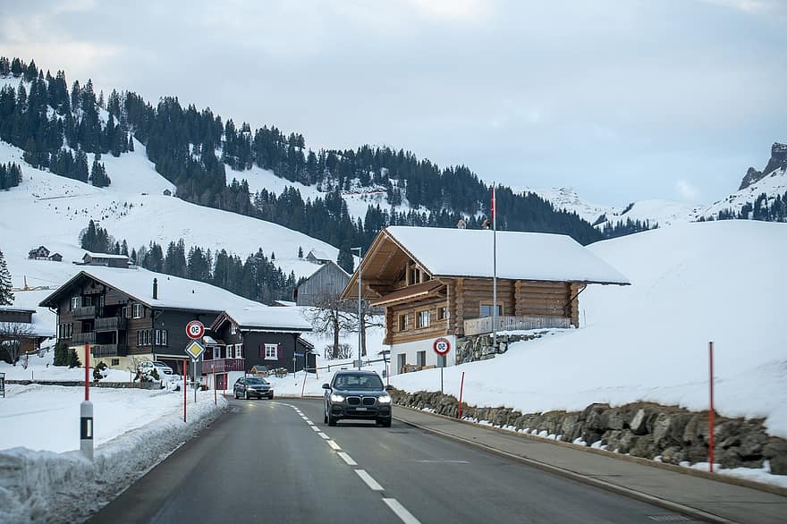 スイス、冬、道路、自然、雪、山、風景、森林、旅行、氷、シーズン