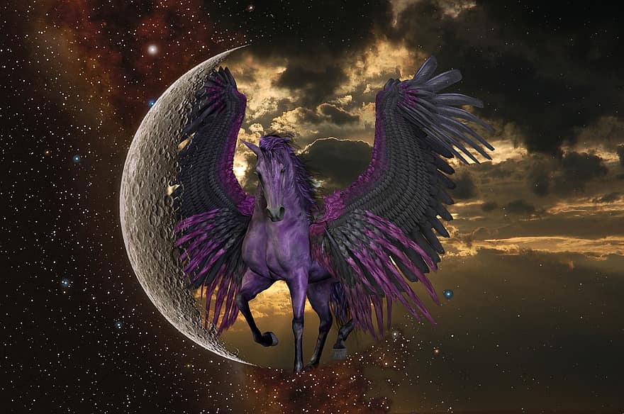 komponavimas, arklys, planetoje, mėnulis, sparnas, fantazija, dangus, mįslingas, pasakos, magija