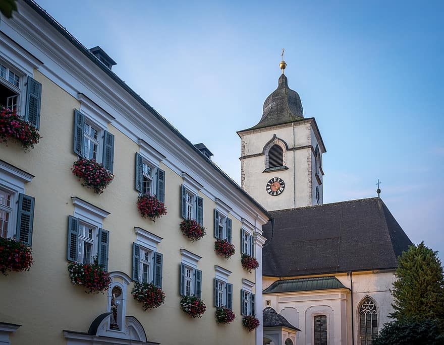 سانت ولفجانج ، salzkammergut ، كنيسة ، برج ، بناء ، هندسة معمارية ، مدينة ، قرية ، بحيرة ولفجانج ، النمسا العليا