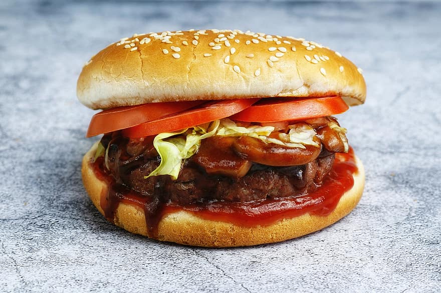 Burger, sandwich, a închide, hamburger, alimente, Masa de pranz, burger chifle, chiflă, nutriție, carne, felii de tomate
