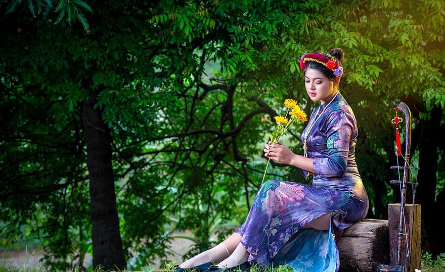 Мианмар, ерху, жена, музикален инструмент, на открито