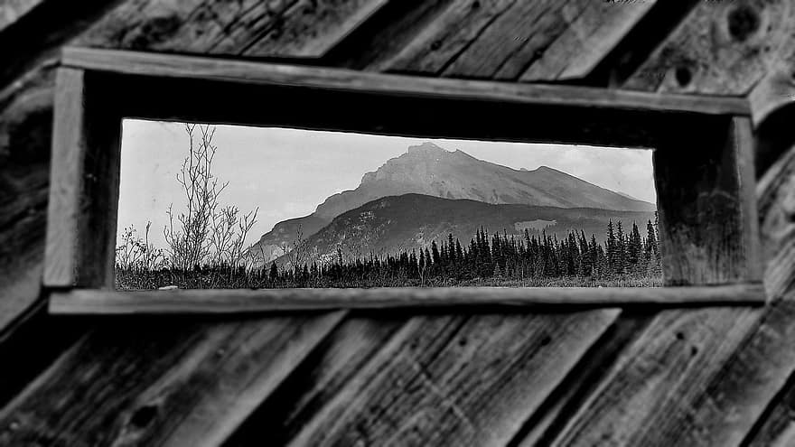 montañas, paisaje, cuadro, ventana, banff, alberta, Canadá, naturaleza, montaña, madera, escena rural