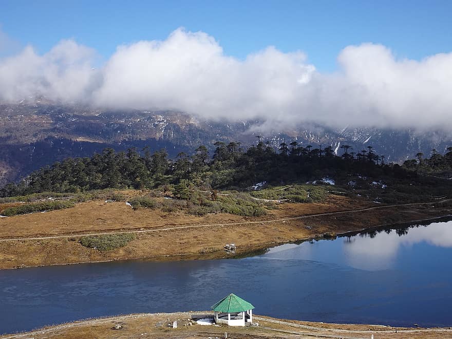 Пенга Тенг Цо, езеро, планина, Хималаи, сняг, облаци, панорамен, природа, голяма надморска височина, tawang, Аруначал