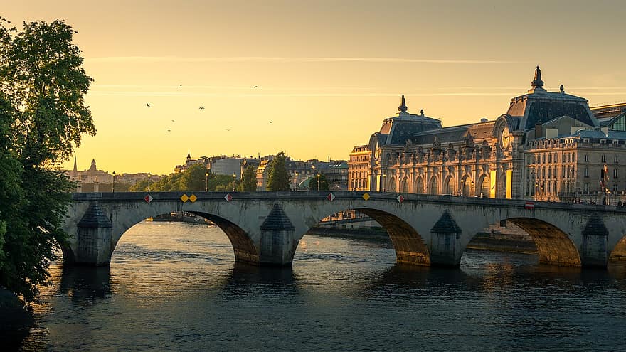 by, flod, Paris, by-, arkitektur, berømte sted, skumring, bybilledet, solnedgang, bro, vand