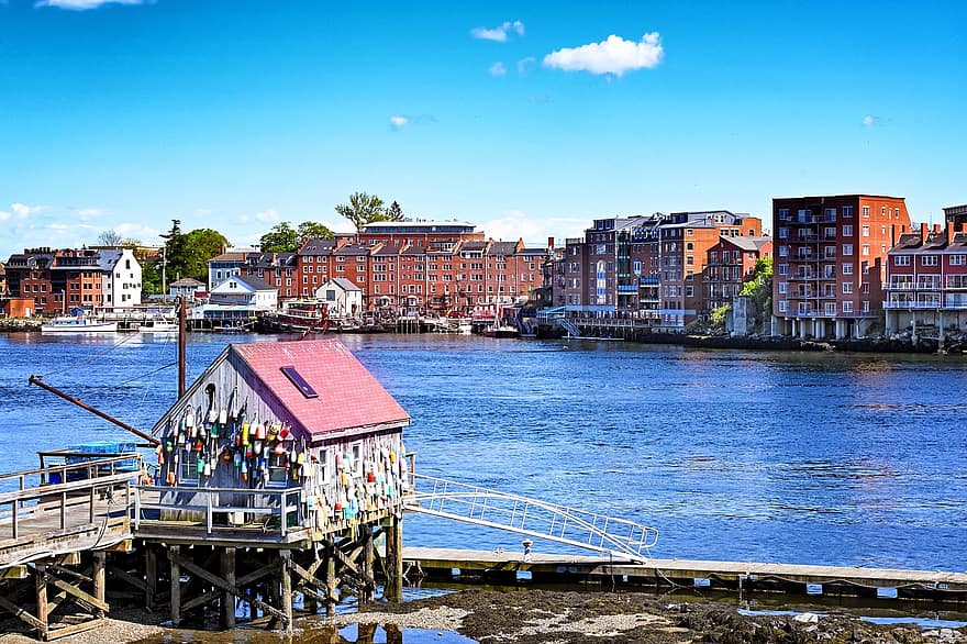 Portsmouth, New Hampshire, kikötő, parti, építészet, tengerpart, belváros, színpadi, város
