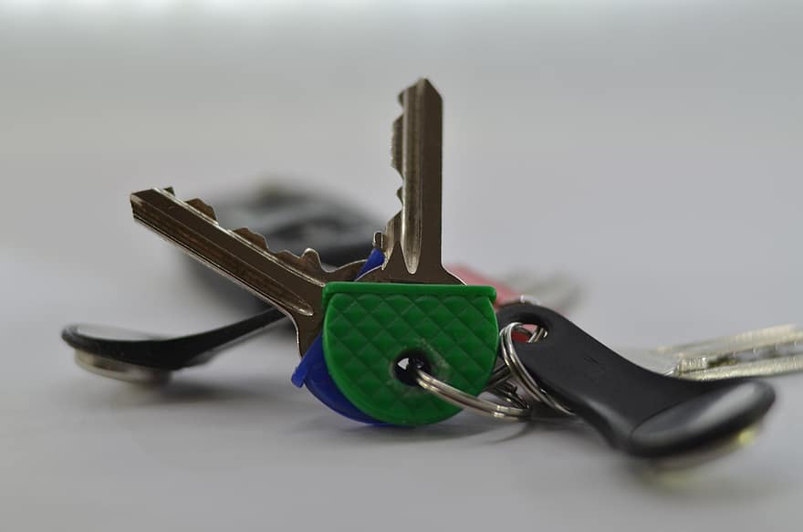 ключове, материал, вещ, близо, пакет, зелен, чип, ключ, едър план, метал, стомана
