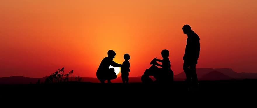 Sunset, Family, Game, Silhouette, Set, Happy, Nature, Relative, Child, Summer, Sky