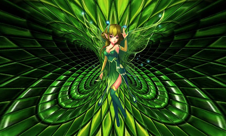 фон, фея, Аннотация, зеленый, фантастика, крылья, женский пол, женщина, персонаж, аватар, цифровое искусство