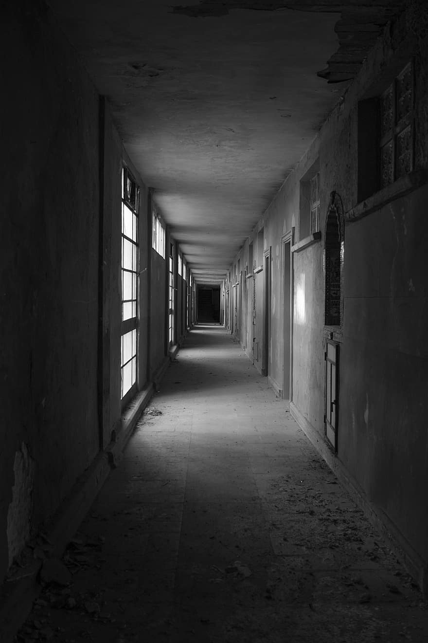 túnel, perspectiva, abandonat, arquitectura, a l'interior, fosc, fantasmal, vell, passadís, brut, paret