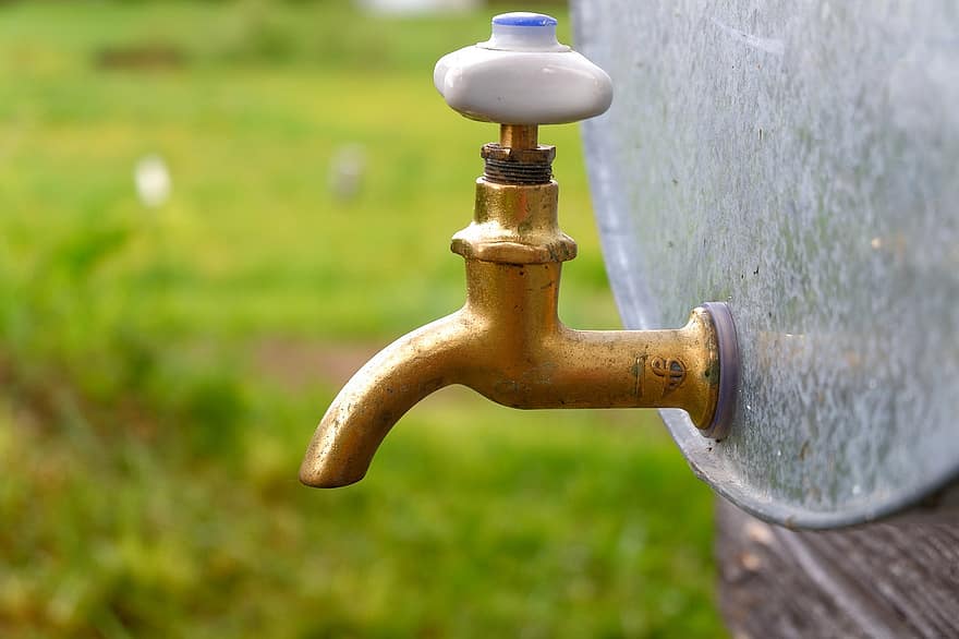 Tap, Water Dispenser, Water, Outside, faucet, close-up, drop, green color, grass, metal, freshness