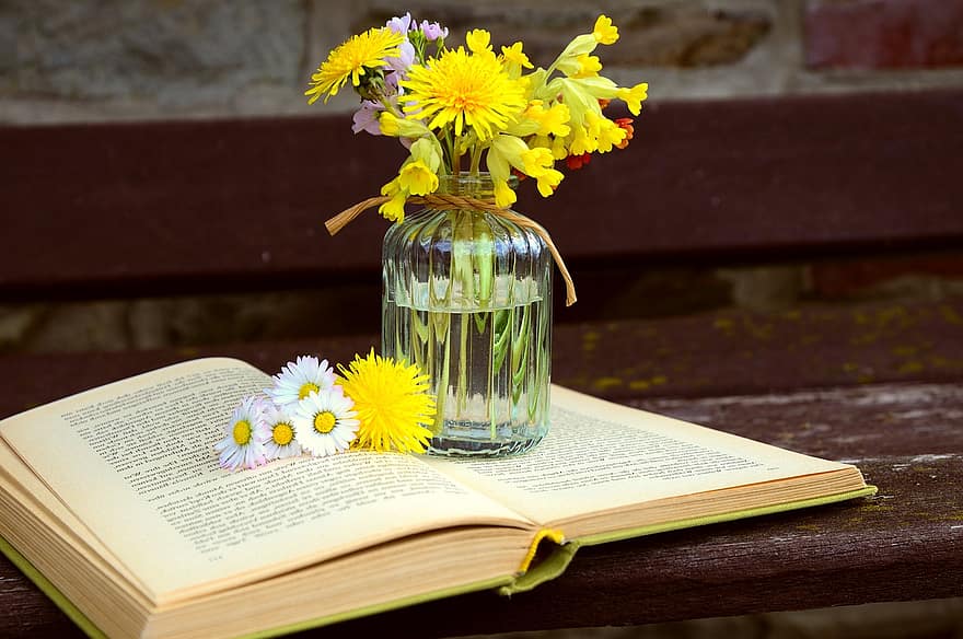 bouquet, gerro de flors, llibre, dent de lleó, decoració, llegir, llibre obert