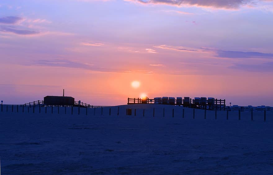 solnedgang, Strand, kyst, utendørs, blå time, kveldstemperatur, sandstrand, nordsjøkysten, st, Peter-Ording, ferier