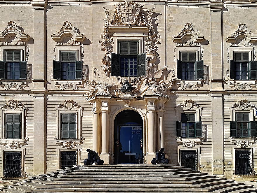 фасада, дворец, прозорец, архитектура, външност, щори, исторически, реколта, Малта