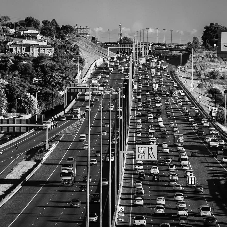 Traffic, Road, Highway, black and white, car, transportation, multiple lane highway, city life, cityscape, mode of transport, travel