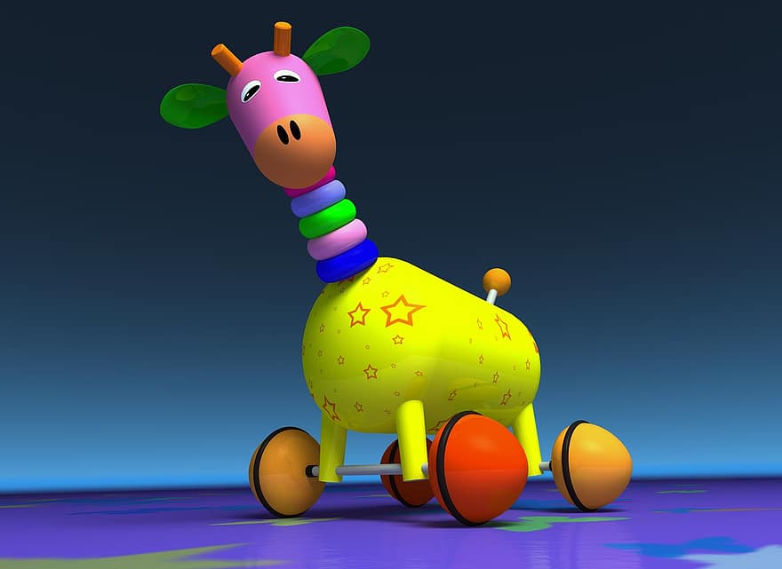 girafa, brinquedo, roda, cores, gráficos, 3d