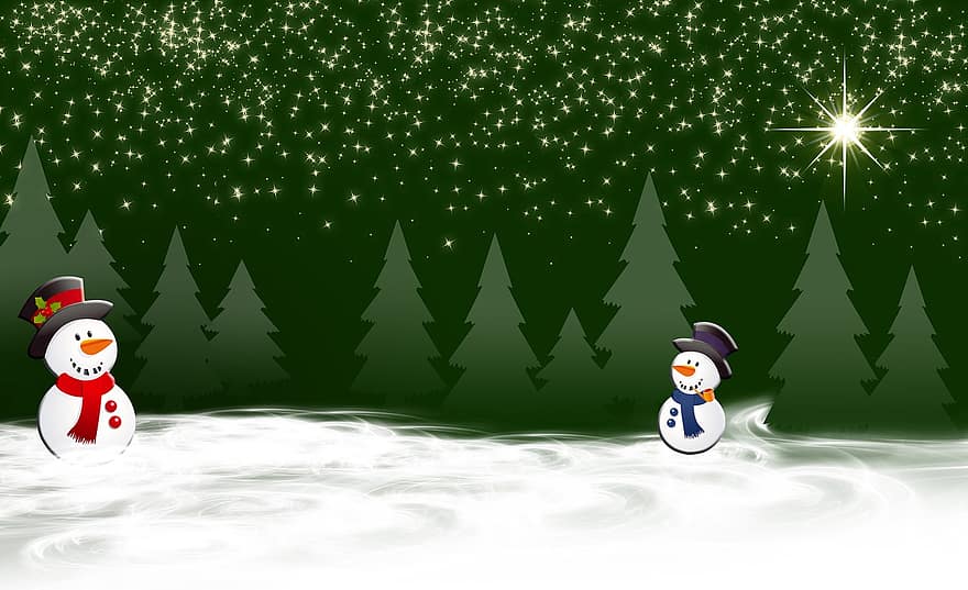 Natal, boneco de neve, inverno, invernal, neve, estrelas, estrelado, pinheiros