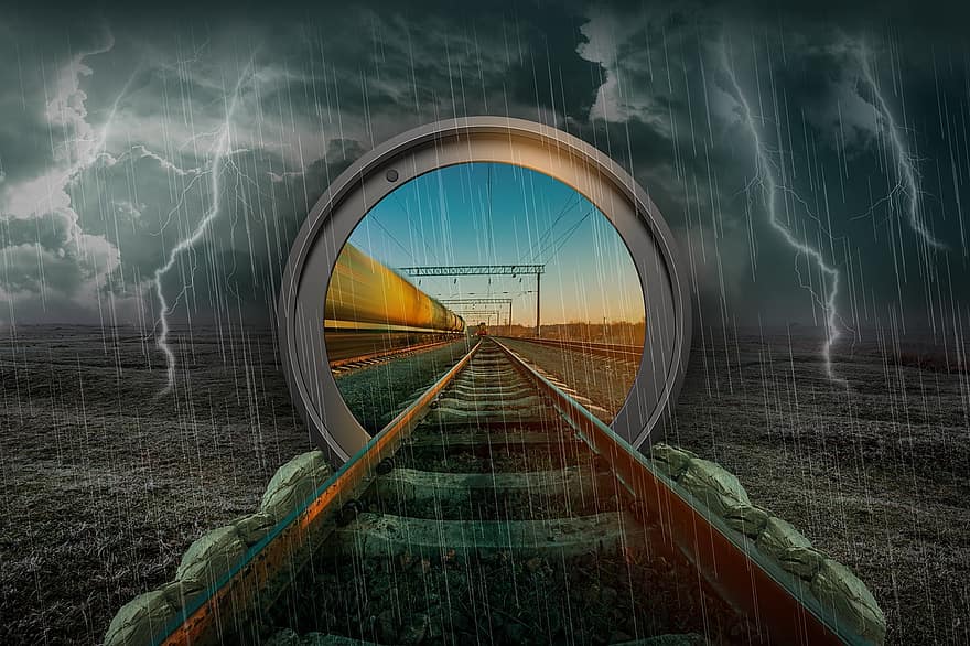 đường sắt, bão táp, tưởng tượng, tunner, lỗ cổng, sấm sét, tia chớp, mưa, Công nghệ, ngành công nghiệp, tương lai
