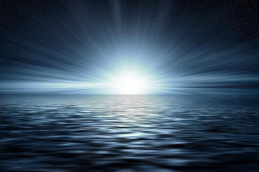 море, воды, ночь, горизонт, свет